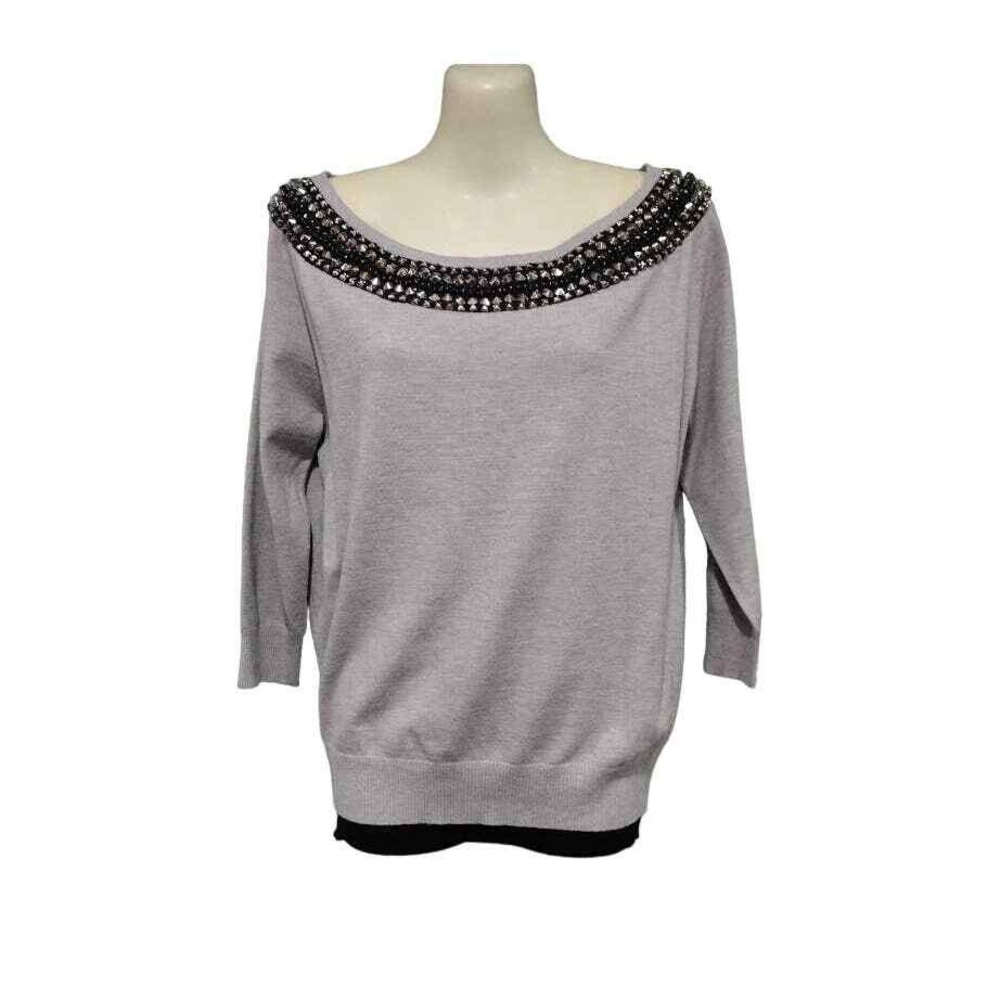 Boston Proper 3/4‎ Sleeve Heavily Beaded Top, Light Gray and Black, Sz S